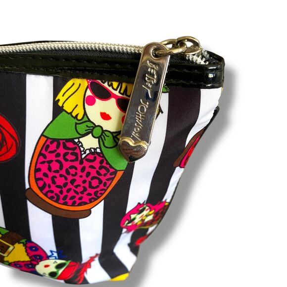 Betsy Johnson Cosmetic Pouch Bag Black Stripe Nesting Doll Print Medium Zip Top - Picture 5 of 12